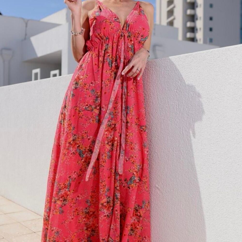 Eywasouls Malibu Floral Maxi Dress XS Pink Coral Open Back Tie Boho